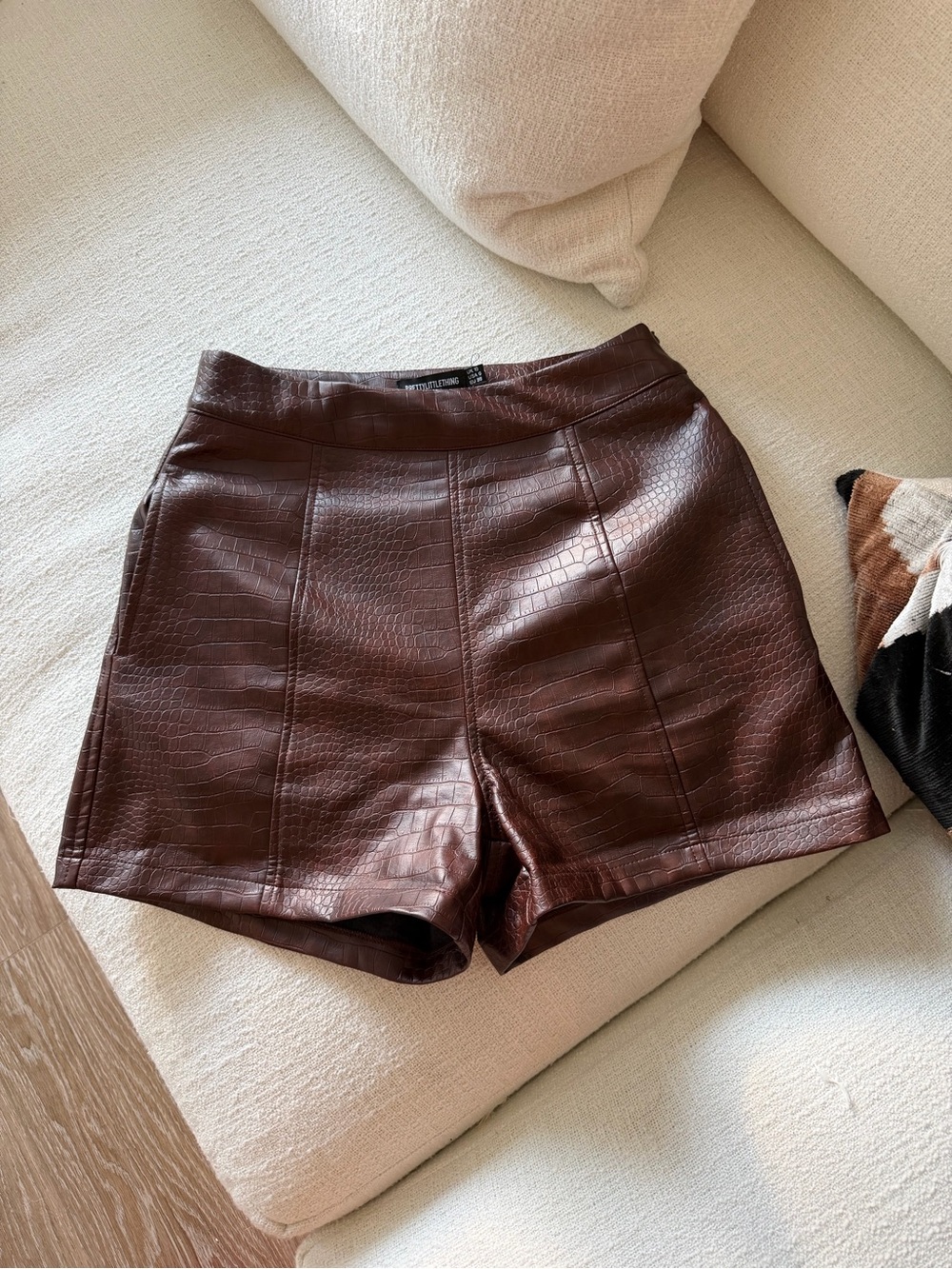 PrettyLittleThing Chocolate Faux Croc High-Waist Shorts